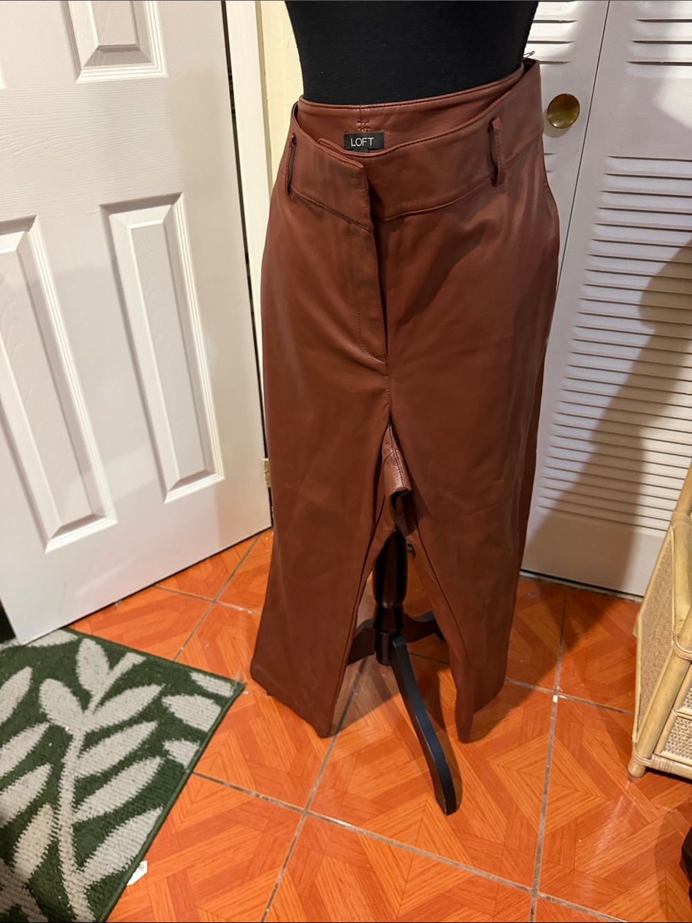 LOFT Brown Faux Leather Maxi Skirt with Front Slit